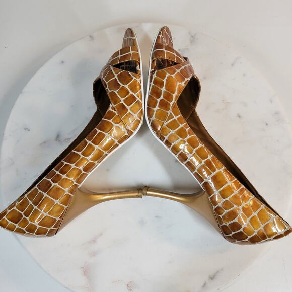 Enzo Angiolini Womens Shoes 7.5 Orange Leather Giraffe Print Open Toe Pump Heels - Picture 11 of 16